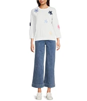 Charlie B. Round Neck 3/4 Sleeves Flower Patch Sweater