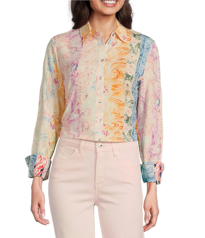 Charlie B. Woven Printed Point Collar Long Sleeve Blouse
