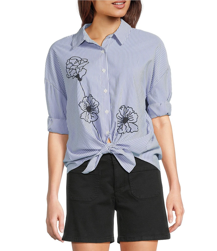 Charlie B. Woven Striped Floral Point Collar 3/4 Sleeve Blouse