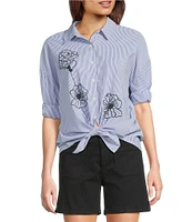 Charlie B. Woven Striped Floral Point Collar 3/4 Sleeve Blouse