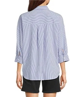 Charlie B. Woven Striped Floral Point Collar 3/4 Sleeve Blouse