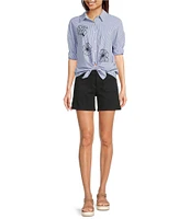 Charlie B. Woven Striped Floral Point Collar 3/4 Sleeve Blouse