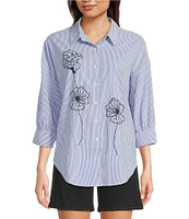 Charlie B. Woven Striped Floral Point Collar 3/4 Sleeve Blouse