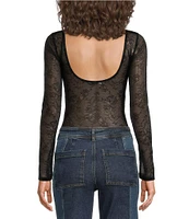 Chelsea & Violet Adams Knit Sheer Illusion Lace Boat Neck Long Sleeve Fitted Bodysuit