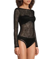 Chelsea & Violet Adams Knit Sheer Illusion Lace Boat Neck Long Sleeve Fitted Bodysuit