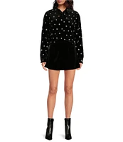 Chelsea & Violet Allegra Velvet Beaded Stars Point Collar Button Front Long Sleeve Cropped Blouse