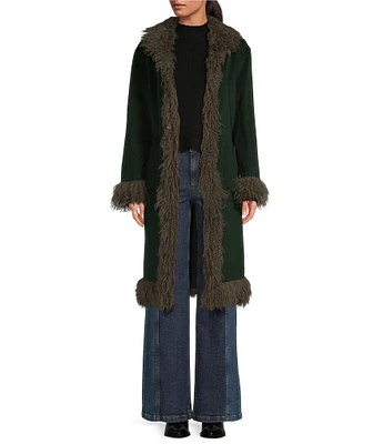 Chelsea & Violet Beatrix Wool Blend Faux Fur Trim Shawl Collar Long Sleeve Tie Front Long Topcoat