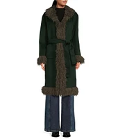 Chelsea & Violet Beatrix Wool Blend Faux Fur Trim Shawl Collar Long Sleeve Tie Front Long Topcoat