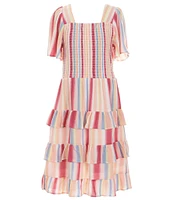 Chelsea & Violet Big Girls 7-16 Striped Short Sleeve Square Neck Smocked Tiered Dress