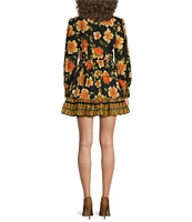 Chelsea & Violet Ella Woven Floral Print V-Neck Long Blouson Sleeve Button Front A-Line Ruffle Flounce Mini Dress