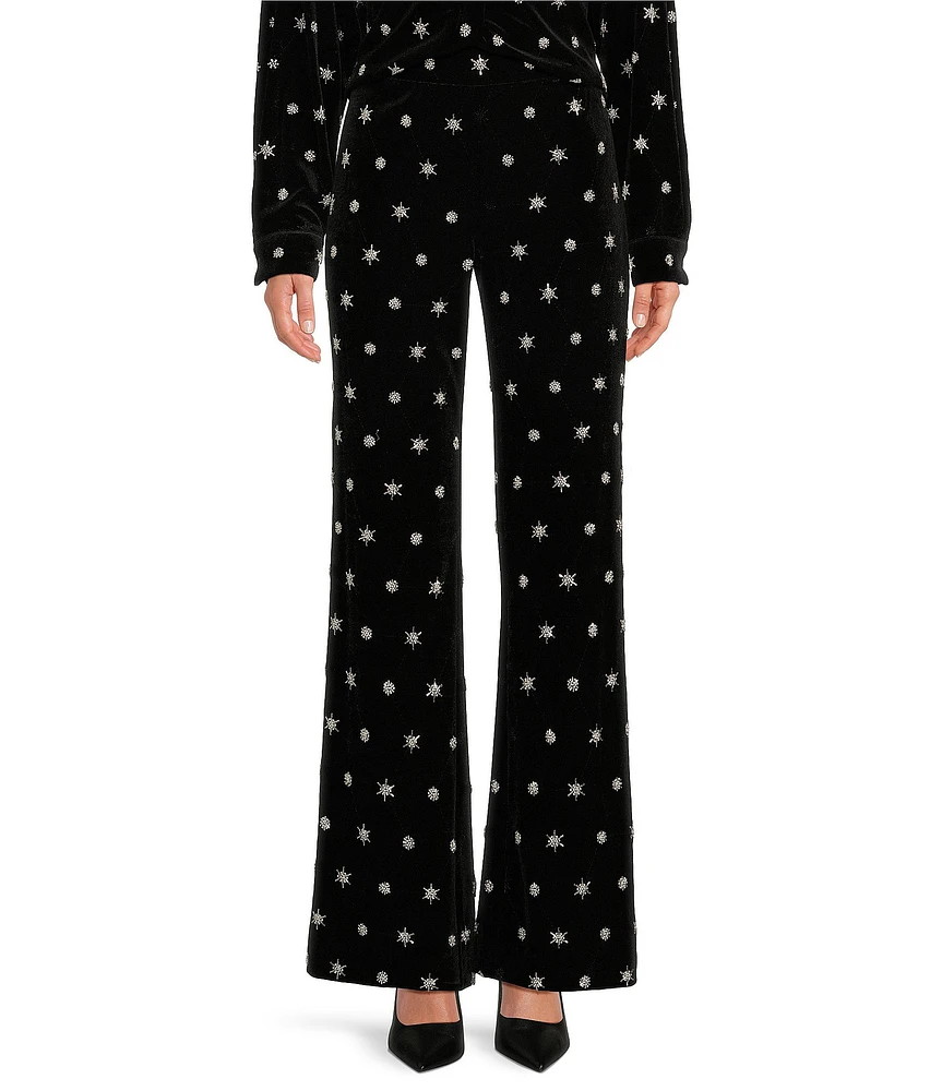 Chelsea & Violet Liliana Velvet Beaded Stars High Rise Flat Front Straight Leg Pants