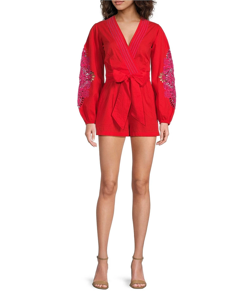 Chelsea & Violet Livvy V-Neckline Long Sleeve Crochet Detail Romper
