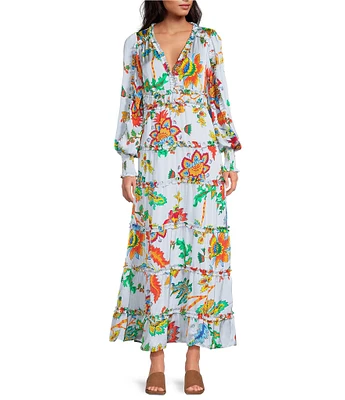 Chelsea & Violet Margaux Floral Print Long Sleeve Deep V-Neckline Plisse Dress