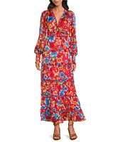 Chelsea & Violet Margaux Floral Print Plisse V-Neck Long Cuff Sleeve Maxi Dress