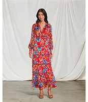 Chelsea & Violet Margaux Floral Print Plisse V-Neck Long Cuff Sleeve Maxi Dress
