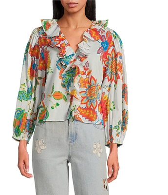 Chelsea & Violet Mari Floral Print Ruffle V-Neck Long Cuff Sleeve Blouse