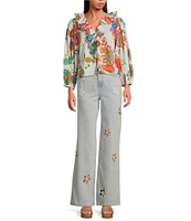 Chelsea & Violet Mari Floral Print Ruffle V-Neck Long Cuff Sleeve Blouse