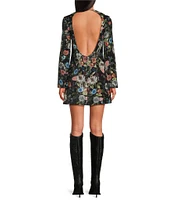 Chelsea & Violet Odette Floral Sequin Crew Neck Long Bell Sleeve A-Line Mini Dress