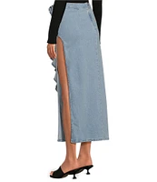 Chelsea & Violet Olive Light Wash Denim 3D Rosette High Rise Running Ruffle Side Slit Pencil Maxi Skirt