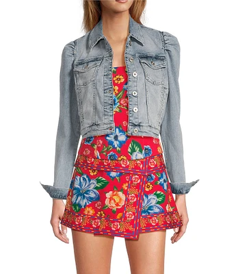 Chelsea & Violet Point Collar Long Puff Shoulder Sleeve Denim Short Statement Jacket