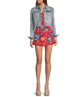 Chelsea & Violet Point Collar Long Puff Shoulder Sleeve Denim Short Statement Jacket