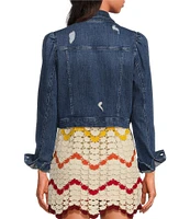 Chelsea & Violet Point Collar Long Puff Shoulder Sleeve Denim Short Statement Jacket