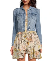 Chelsea & Violet Point Collar Long Puff Shoulder Sleeve Denim Short Statement Jacket