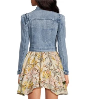 Chelsea & Violet Point Collar Long Puff Shoulder Sleeve Denim Short Statement Jacket