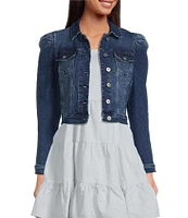 Chelsea & Violet Point Collar Long Puff Shoulder Sleeve Denim Short Statement Jacket