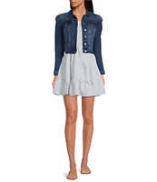 Chelsea & Violet Point Collar Long Puff Shoulder Sleeve Denim Short Statement Jacket