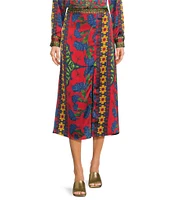 Chelsea & Violet Sam Satin Ikat Print High Waist Front Slit Opening A-Line Maxi Skirt