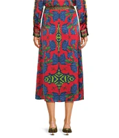 Chelsea & Violet Sam Satin Ikat Print High Waist Front Slit Opening A-Line Maxi Skirt