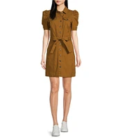 Chelsea & Violet Short Puff Sleeve Button Front Washed Canvas Belted Mini Dress