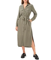 Chelsea & Violet Tencel Point Collar Long Sleeve Self Tie Belted Button Front Midi Shirt Dress