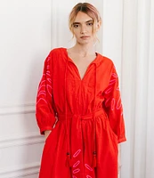 CIEBON Eliza V-Neck Quarter Volume Sleeve Embroidered Dress