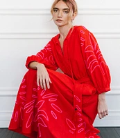 CIEBON Eliza V-Neck Quarter Volume Sleeve Embroidered Dress