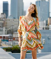 CIEBON Emerie Chevron Stripe Split V-Neck Long Sleeve Mini Dress