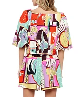 CIEBON Kaitlin Printed Poplin Square Neck Short Puff Sleeve Coordinating Cropped Top