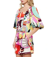 CIEBON Kaitlin Printed Poplin Square Neck Short Puff Sleeve Coordinating Cropped Top