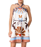 CIEBON Lio Bohemian Border Print Relaxed Belted Halter Mini Dress