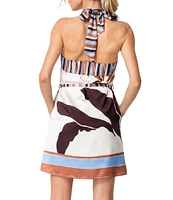 CIEBON Lio Bohemian Border Print Relaxed Belted Halter Mini Dress