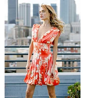 CIEBON Lyss Floral Print V-Neck Cap Sleeve Bubble Mini Dress