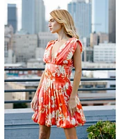 CIEBON Lyss Floral Print V-Neck Cap Sleeve Bubble Mini Dress