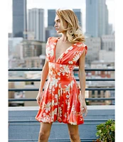 CIEBON Lyss Floral Print V-Neck Cap Sleeve Bubble Mini Dress
