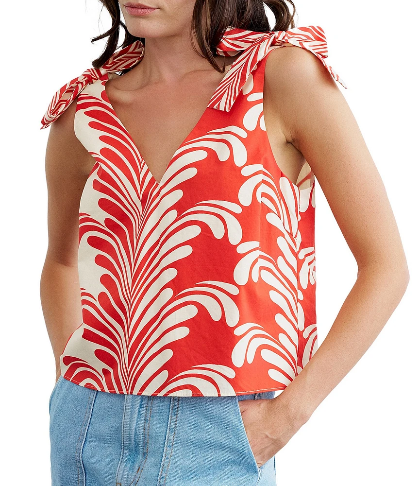 CIEBON Monet Printed Deep V-Neck Sleeveless Shoulder Ties Cotton Poplin Top