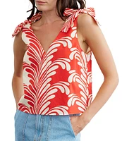 CIEBON Monet Printed Deep V-Neck Sleeveless Shoulder Ties Cotton Poplin Top