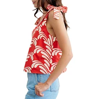 CIEBON Monet Printed Deep V-Neck Sleeveless Shoulder Ties Cotton Poplin Top