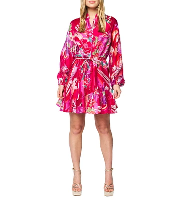 CIEBON Nylah Mandarin Collar Long Sleeve Printed Mini Dress