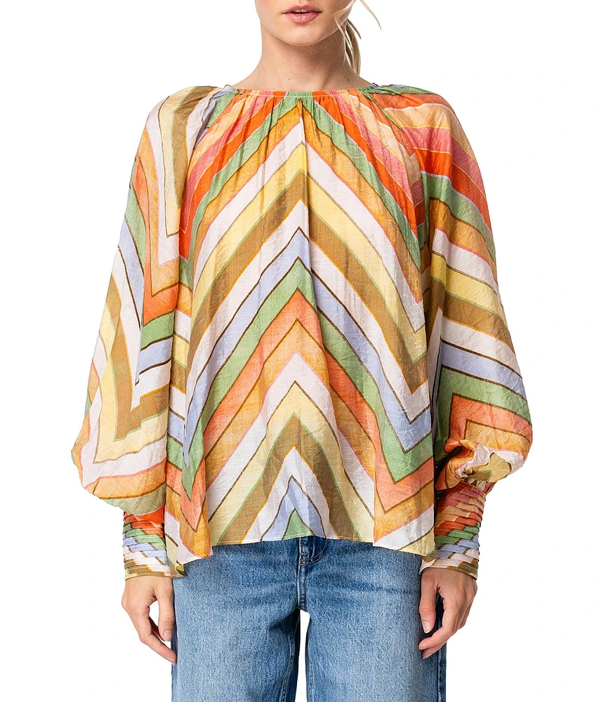 CIEBON Rileigh Chevron Stripe Print Round Neck Long Sleeve Blouse