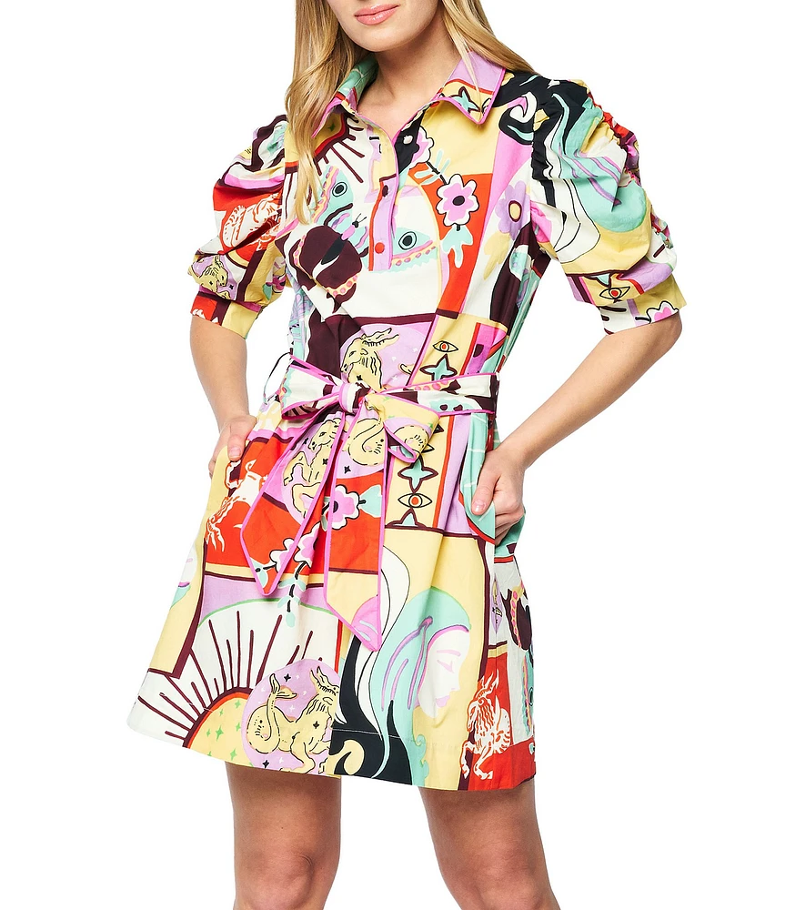CIEBON Scarlette Printed Poplin Point Collar Puff Sleeve Button Front Shirt Dress
